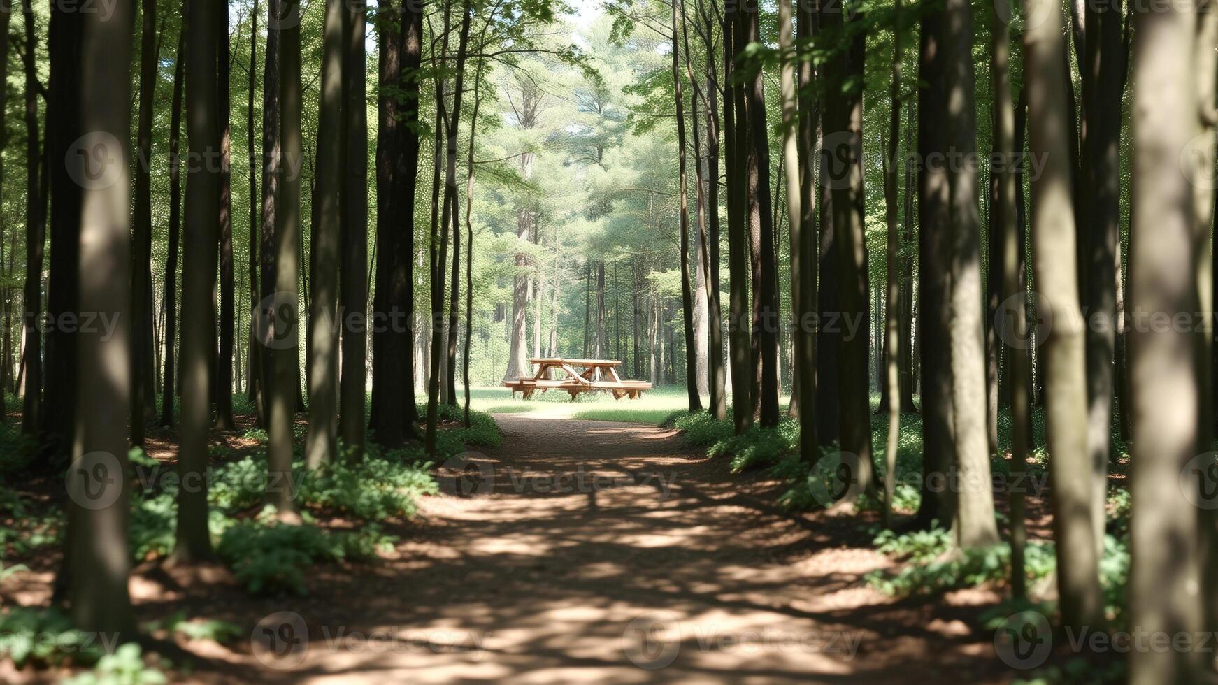 Forest Path Leading to Picnic Table photo