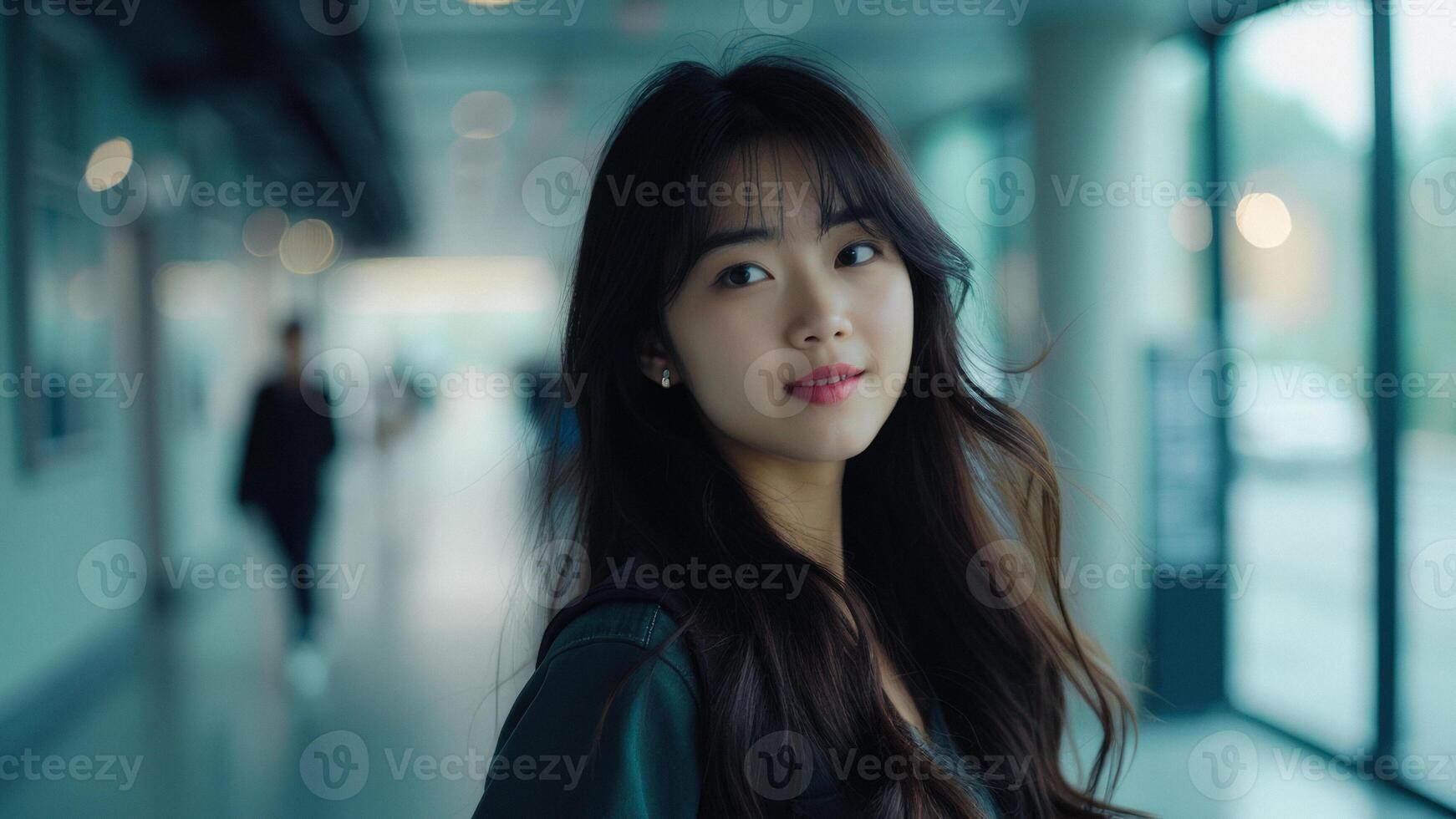 Young woman looking back in a hallway photo