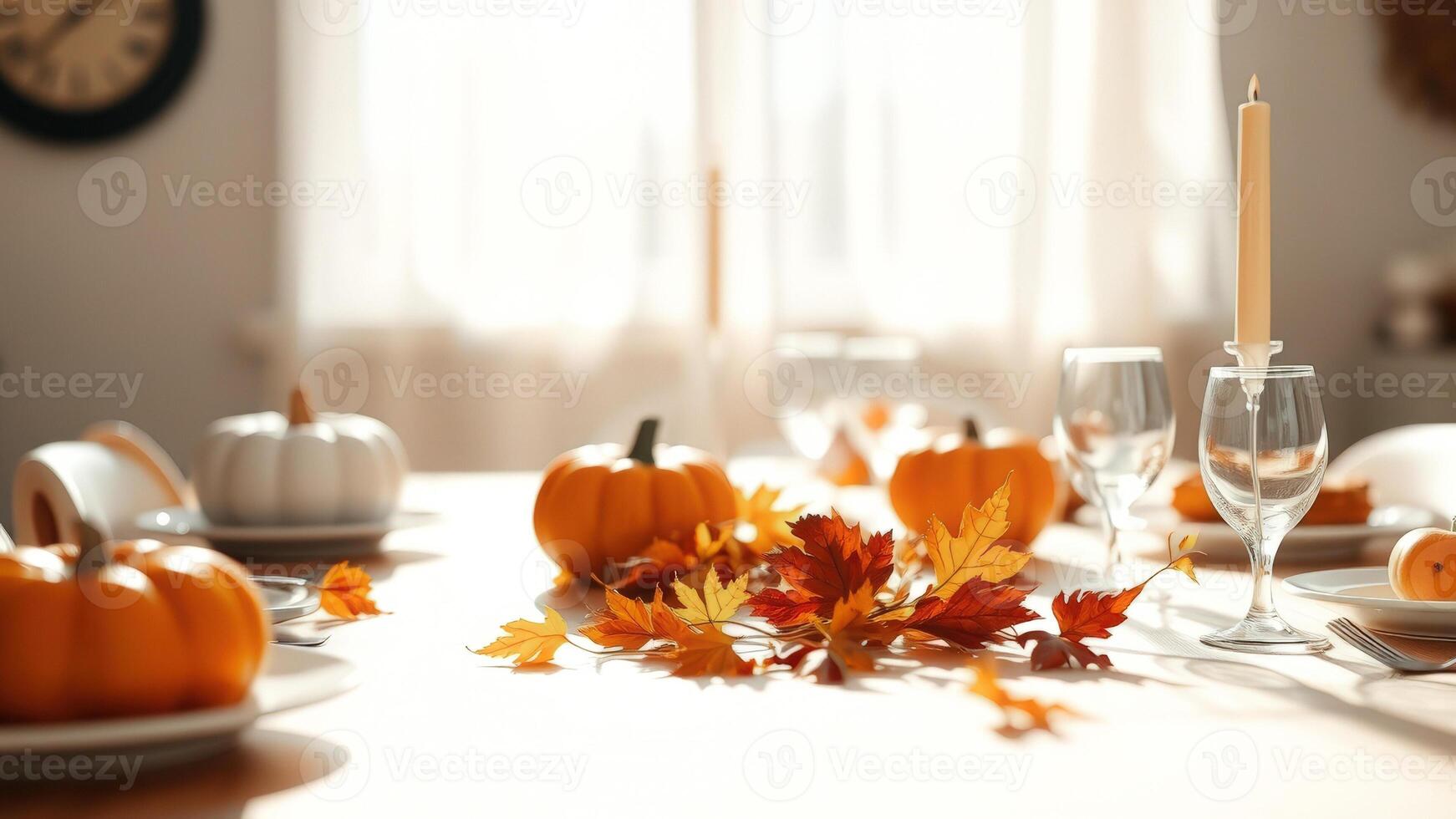 Autumnal Table Setting with Pumpkins and Leaves photo