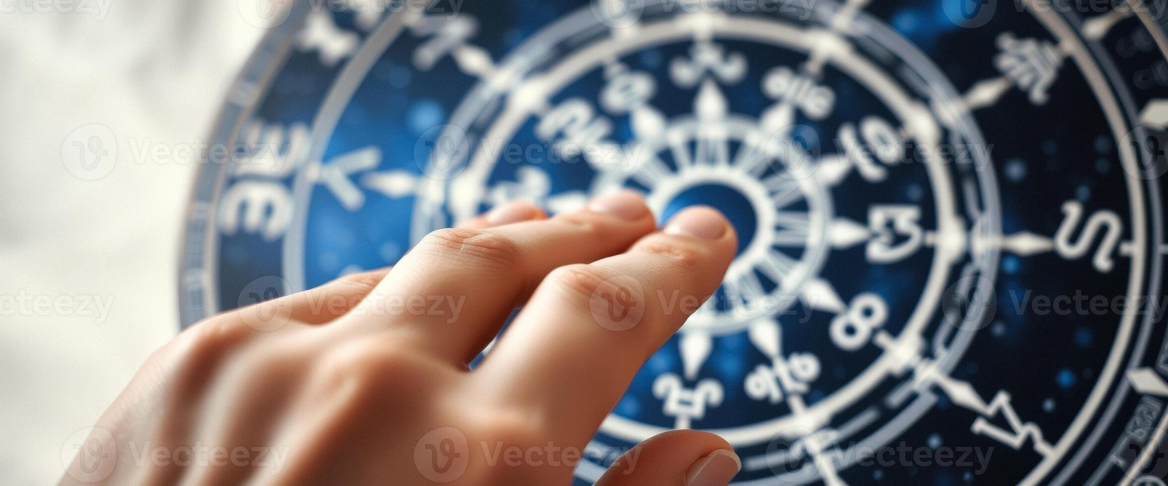 Hand pointing at a mysterious clock face photo