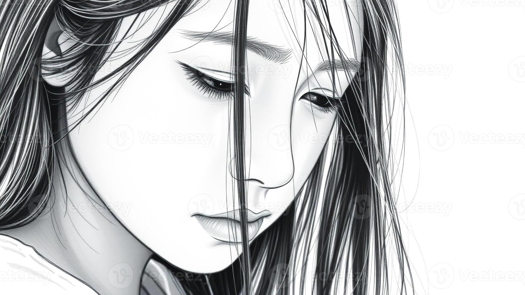 Pen and Ink Portrait of a Woman with Long Hair photo