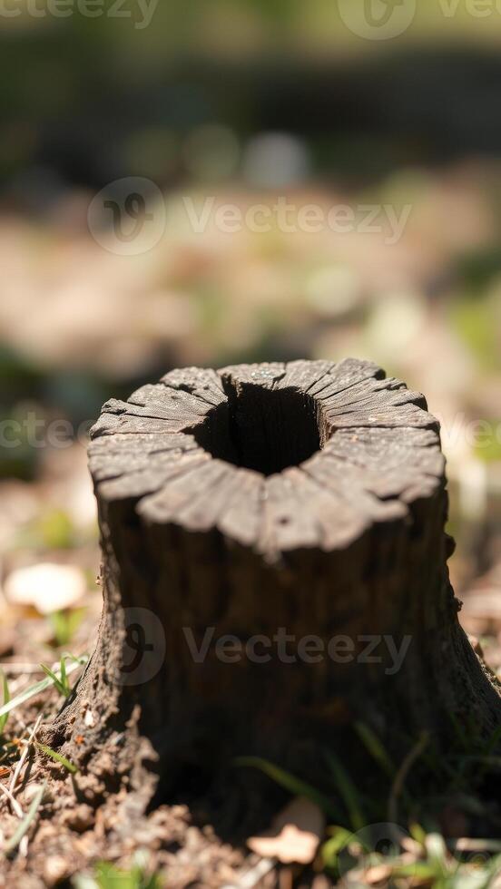Closeup of a tree stump with a hole in the center photo