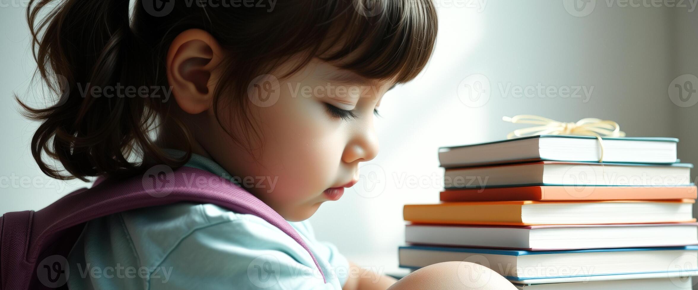 Young girl with backpack and stack of books photo