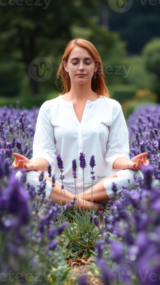 Woman Meditating in Lavender Field photo