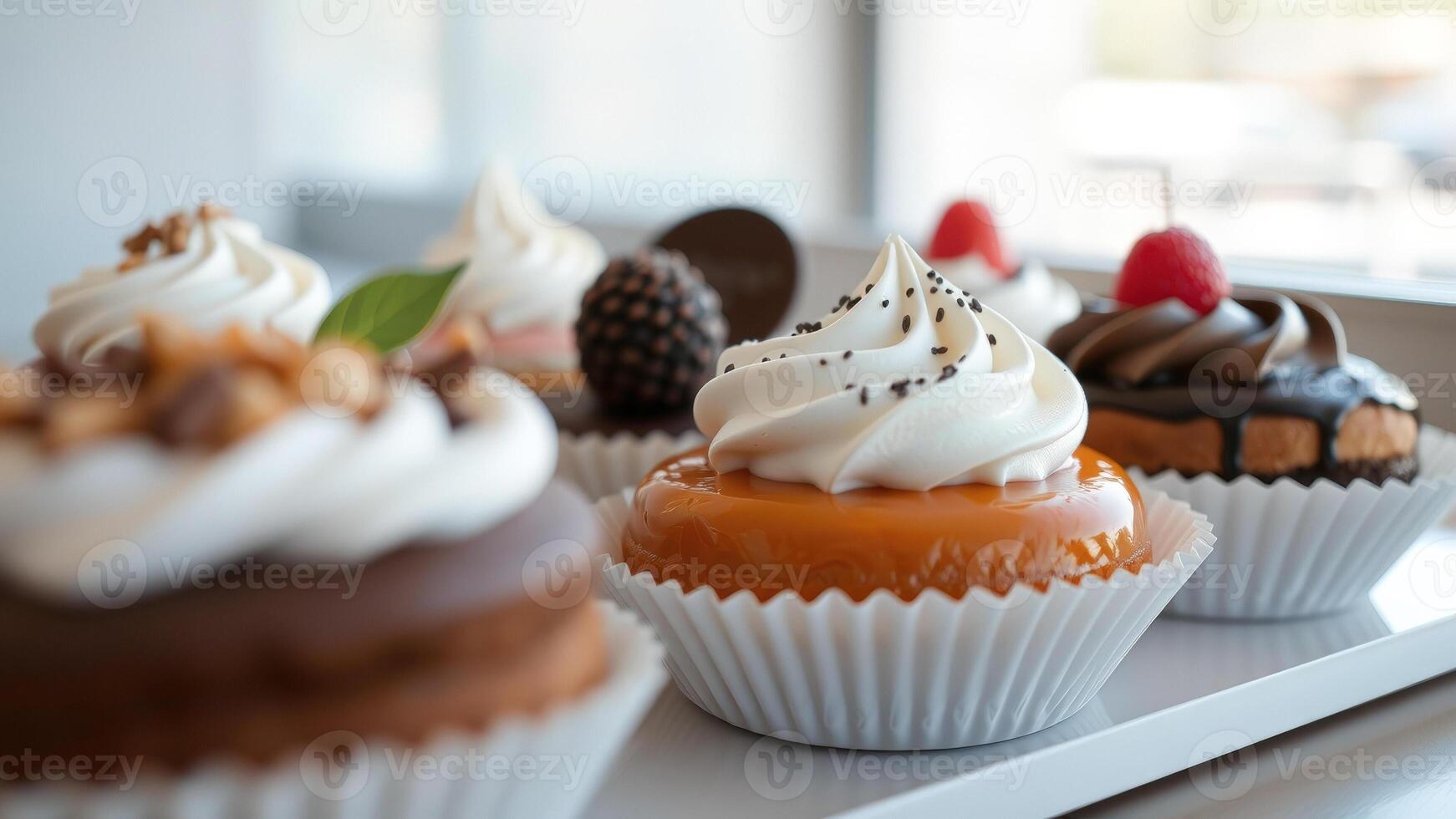 Close Up of Delicious Caramel Cake with Whipped Cream photo