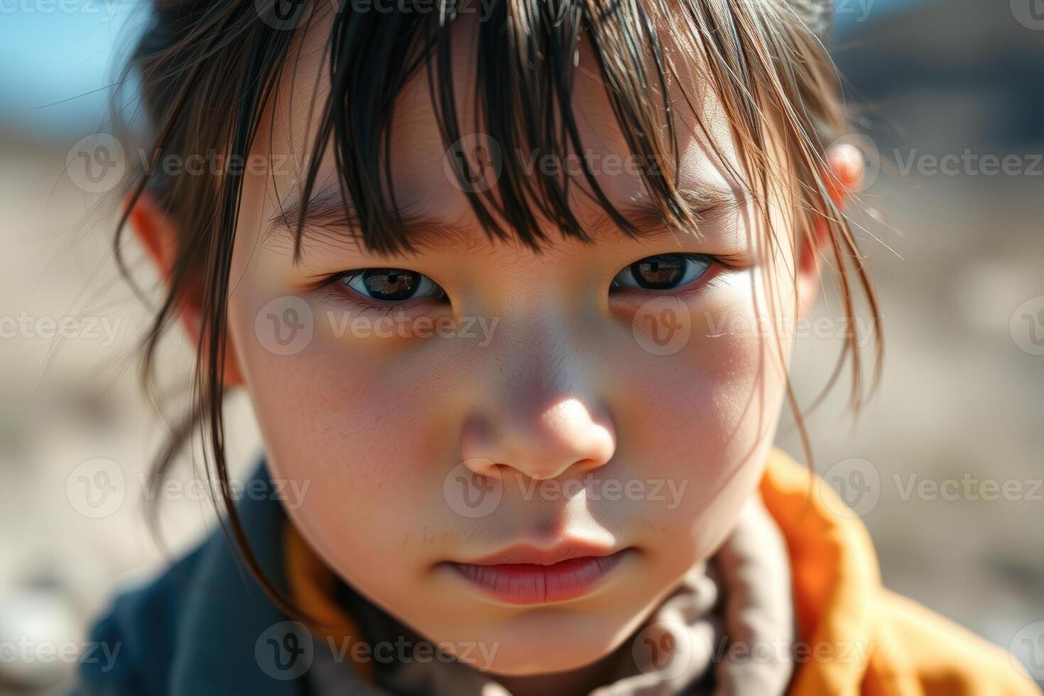 Closeup Portrait of a Young Asian Girl with Serious Expression photo