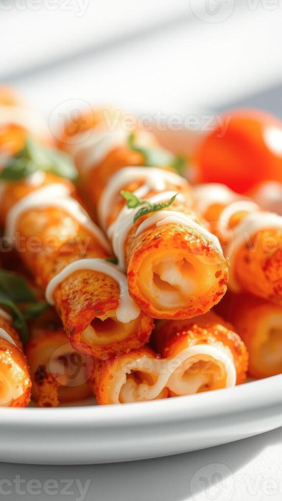 Closeup of Crispy Fried Cheese Sticks with Creamy Sauce photo