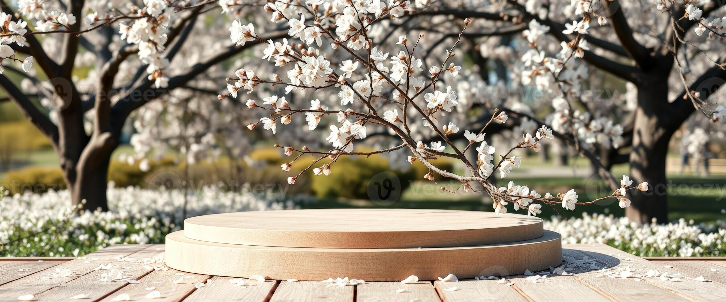 Wooden Podium with Cherry Blossom Branch and Petals photo