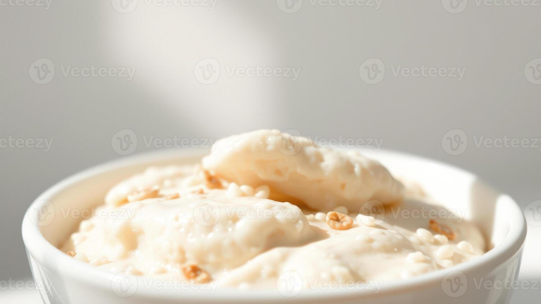 Close-up of Creamy Rice Pudding in White Bowl with Toppings photo