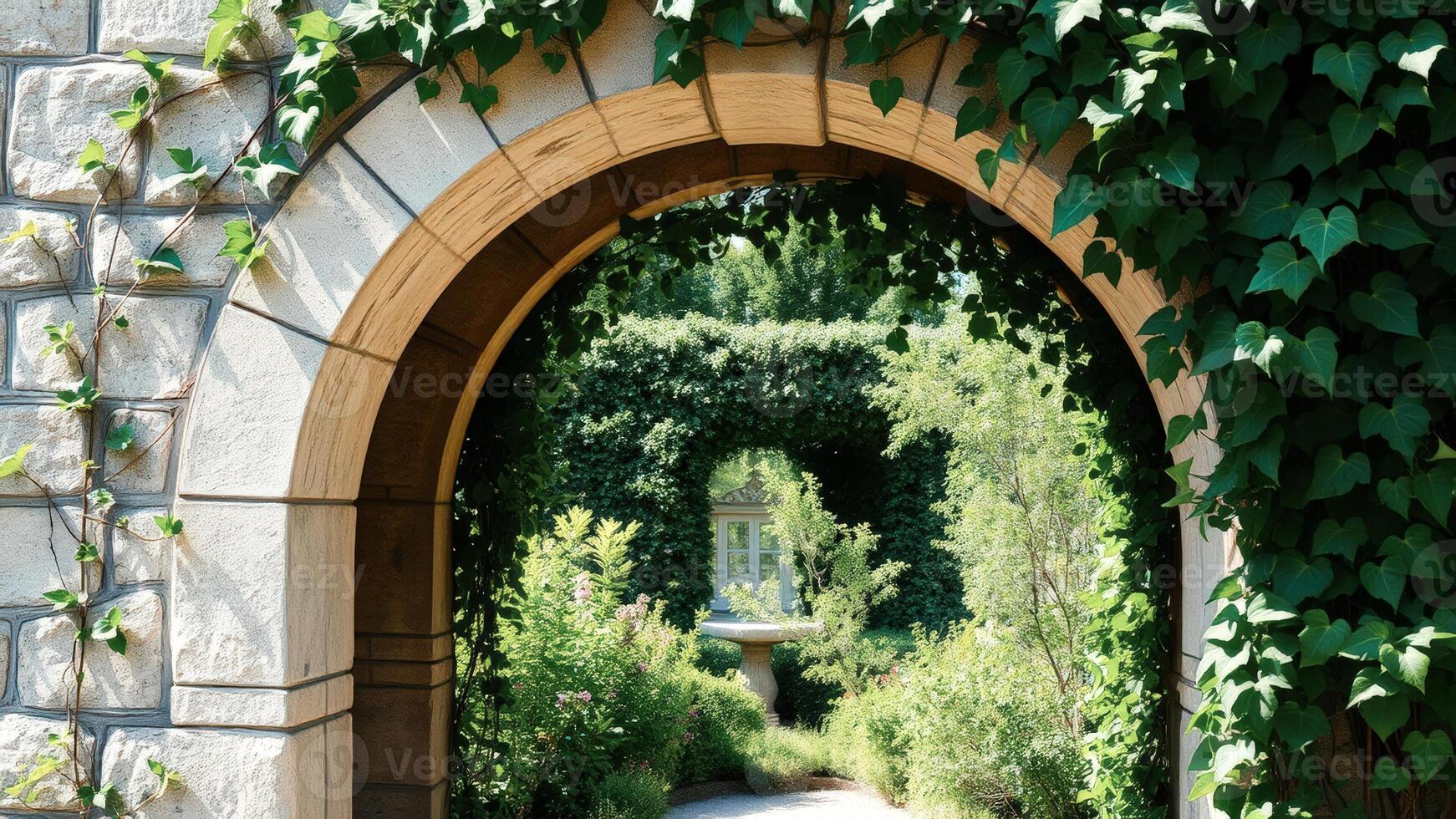 Stone Archway Covered in Green Ivy Leading to a Lush Garden photo
