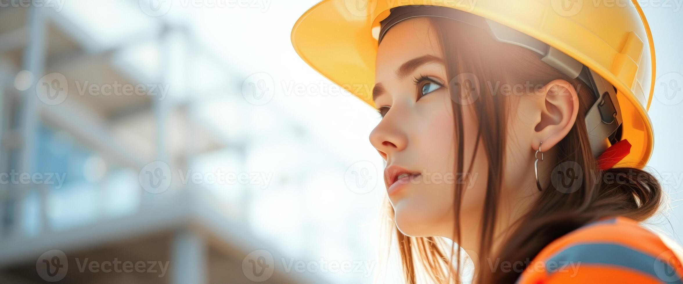 Close-up portrait of a young woman construction worker photo