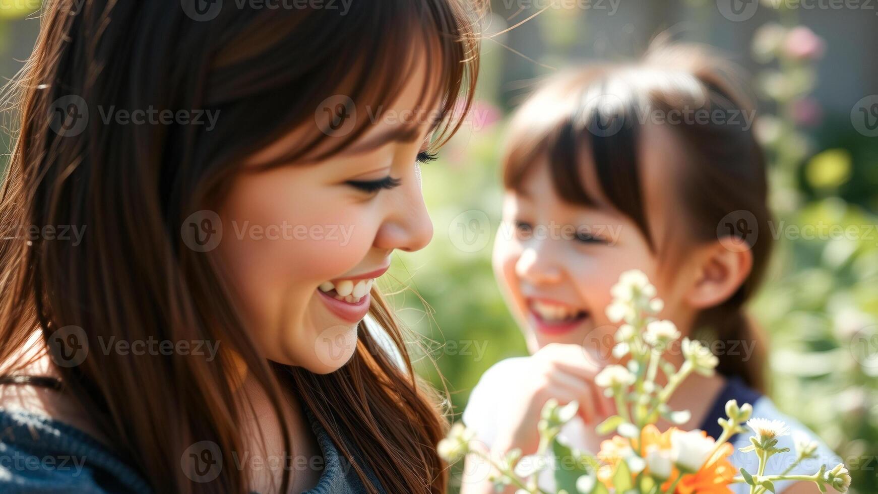 Smiling young woman and girl enjoying a beautiful day photo