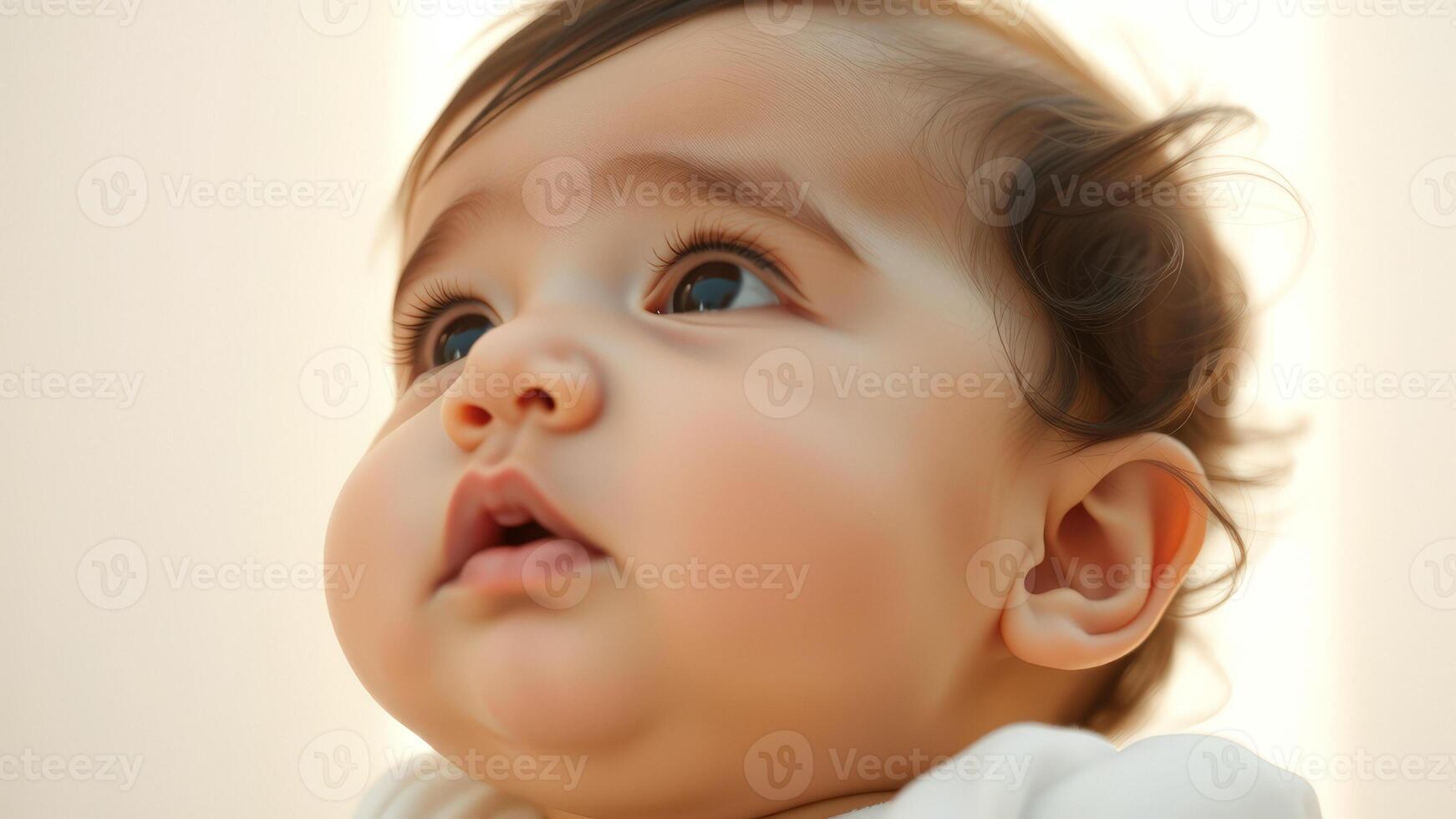 Closeup of a baby's face with big brown eyes and open mouth photo