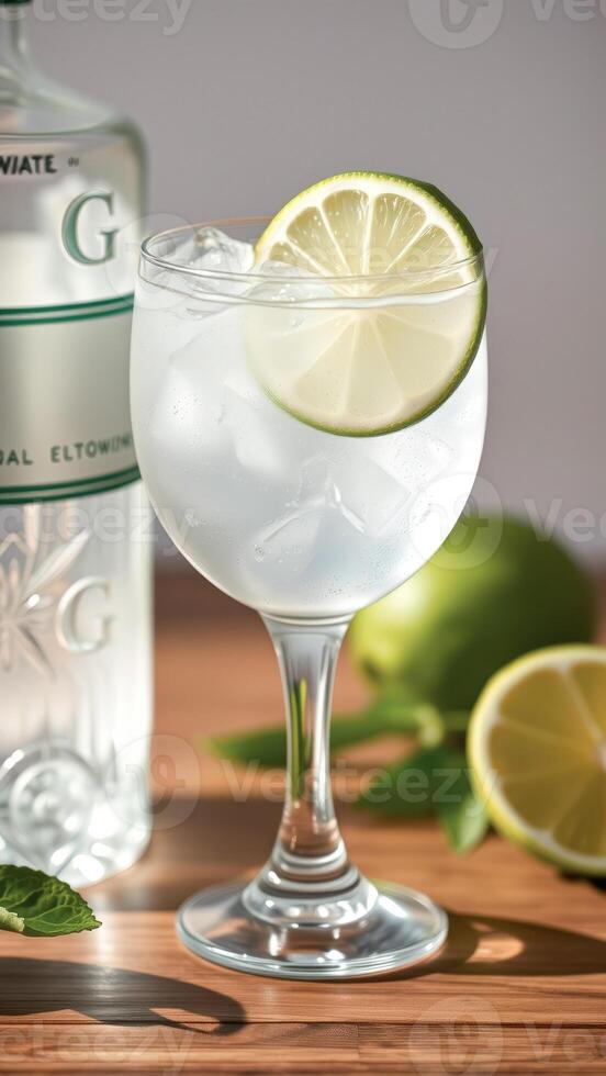 Gin and Tonic with Lime Wedge and Ice photo