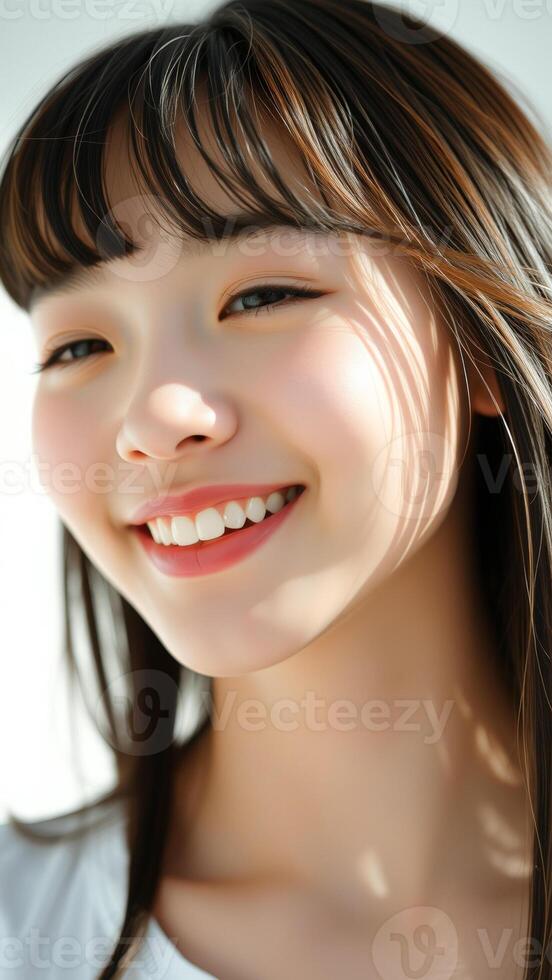 Close Up Portrait of a Young Woman with Beautiful Skin and a Bright Smile photo
