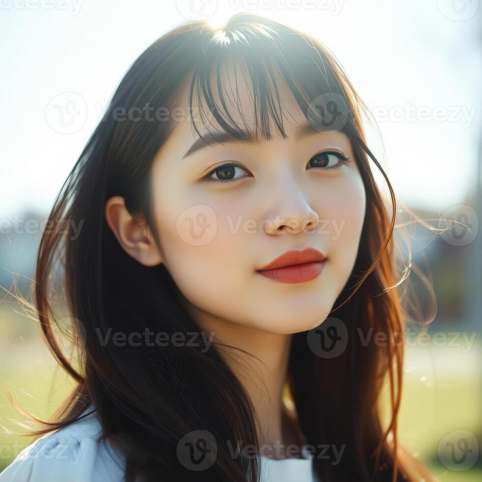 Close-up Portrait of a Beautiful Young Woman with Long Black Hair photo