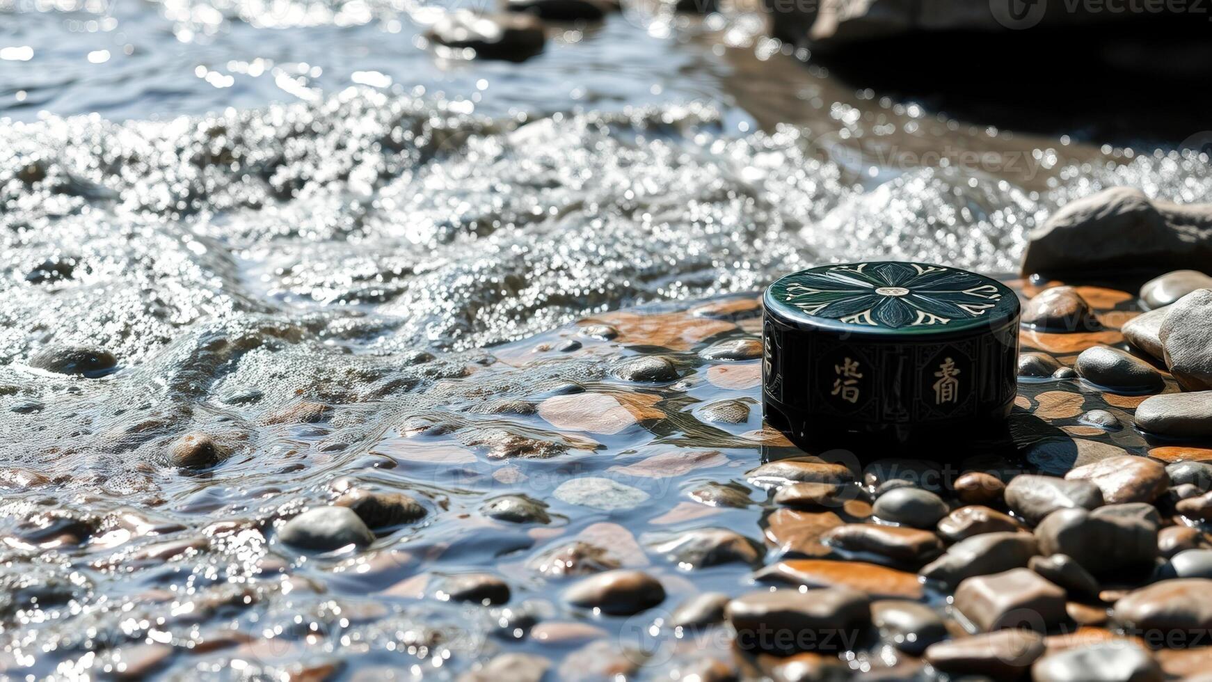 Black and Green Round Box with Chinese Characters on a Riverbed photo