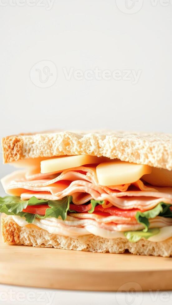 Delicious Ham and Cheese Sandwich on a Wooden Cutting Board photo