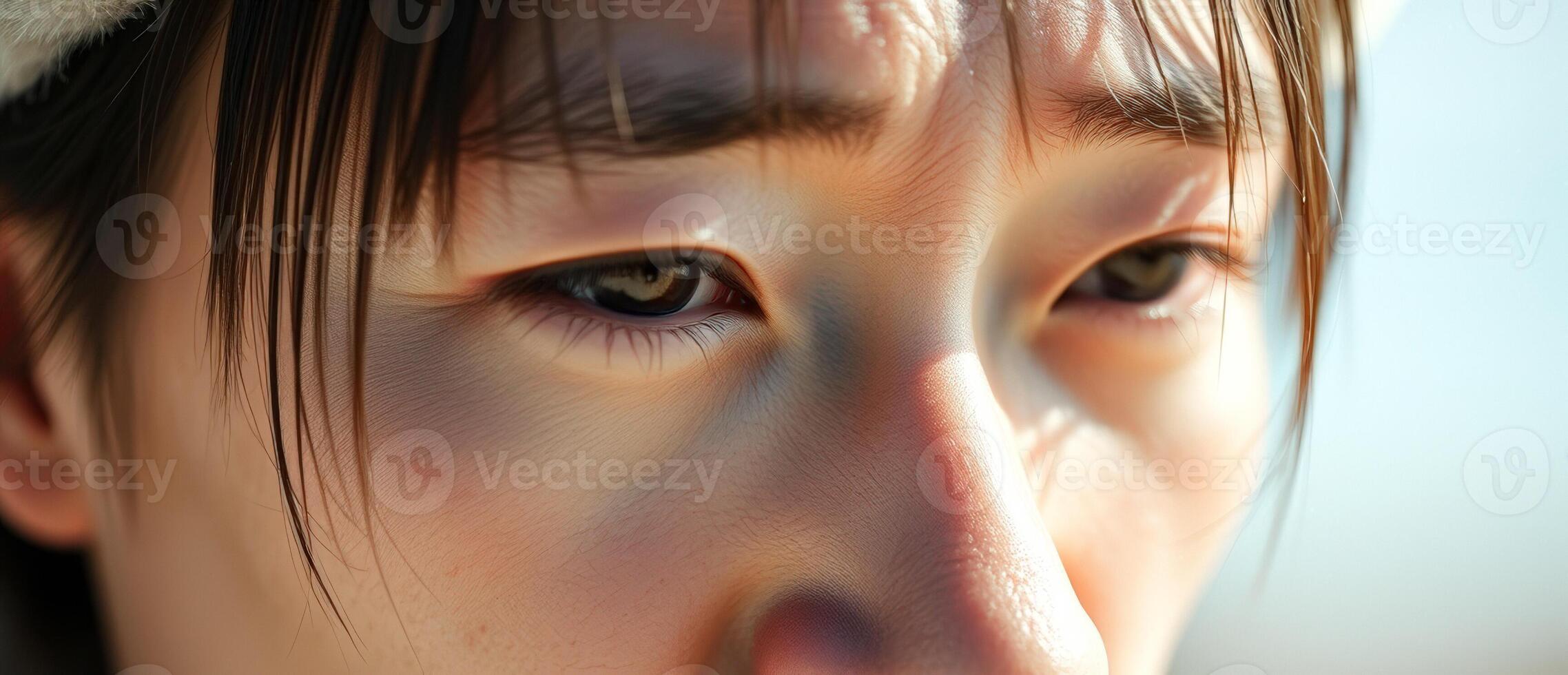Close-up of a woman's eye with sunlight reflecting off her skin photo