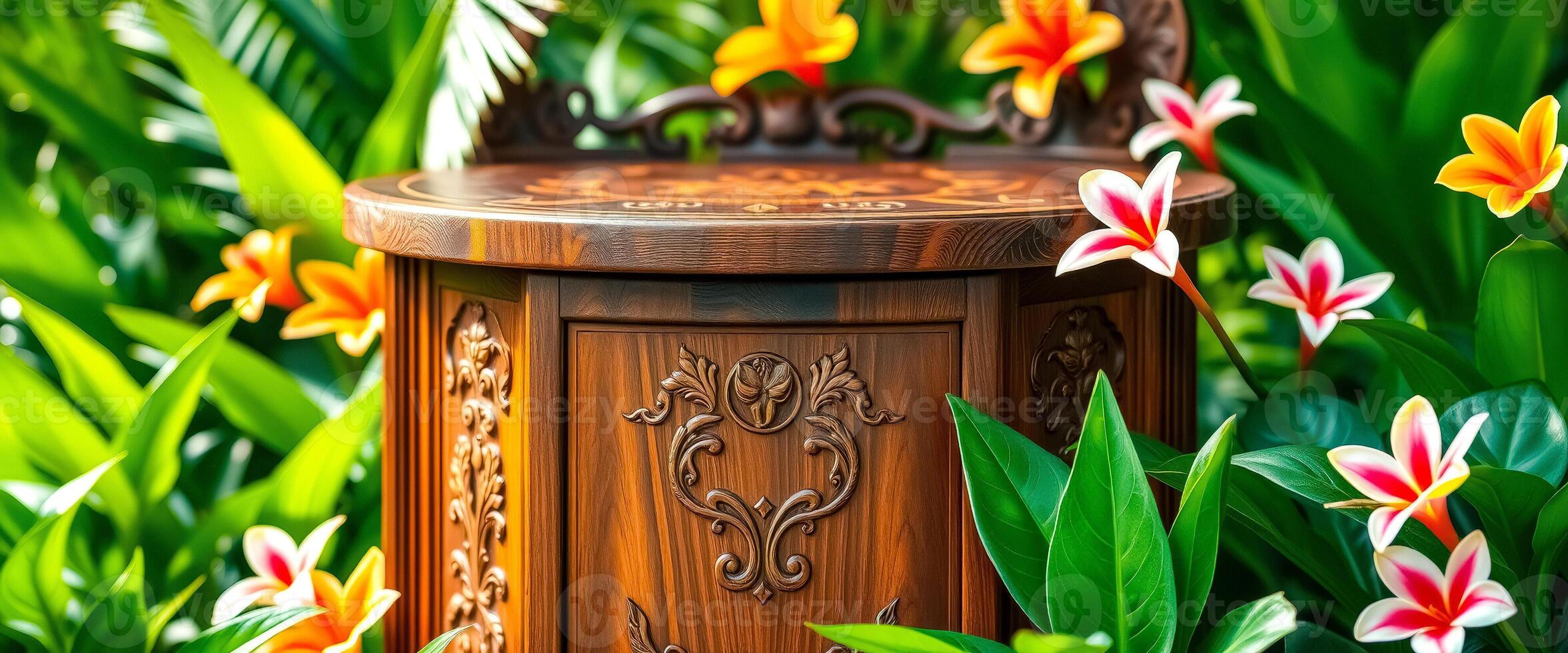 Intricate Carved Wooden Tabletop in Lush Tropical Garden photo