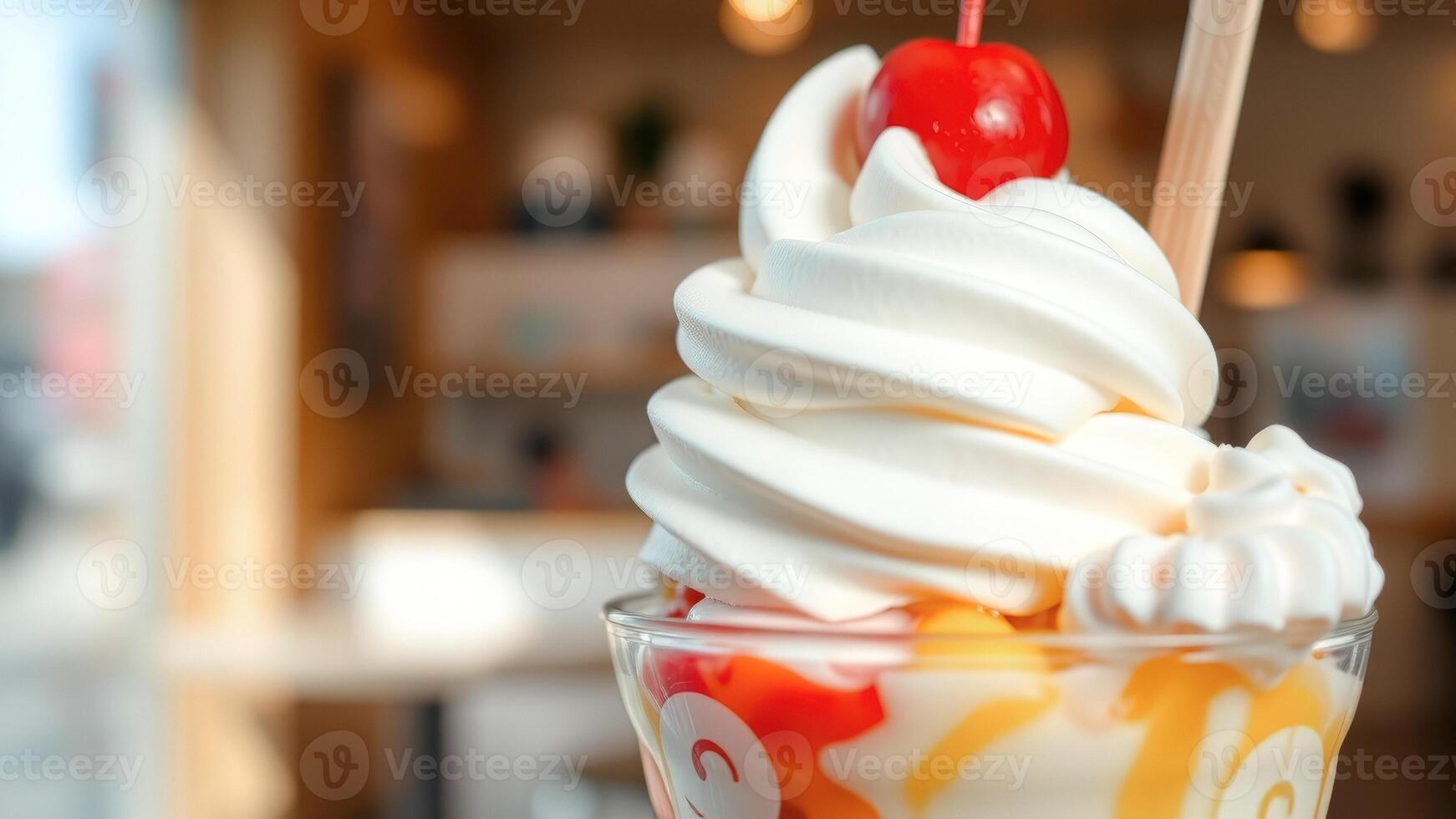Closeup of a delicious frozen yogurt sundae with whipped cream and a cherry photo