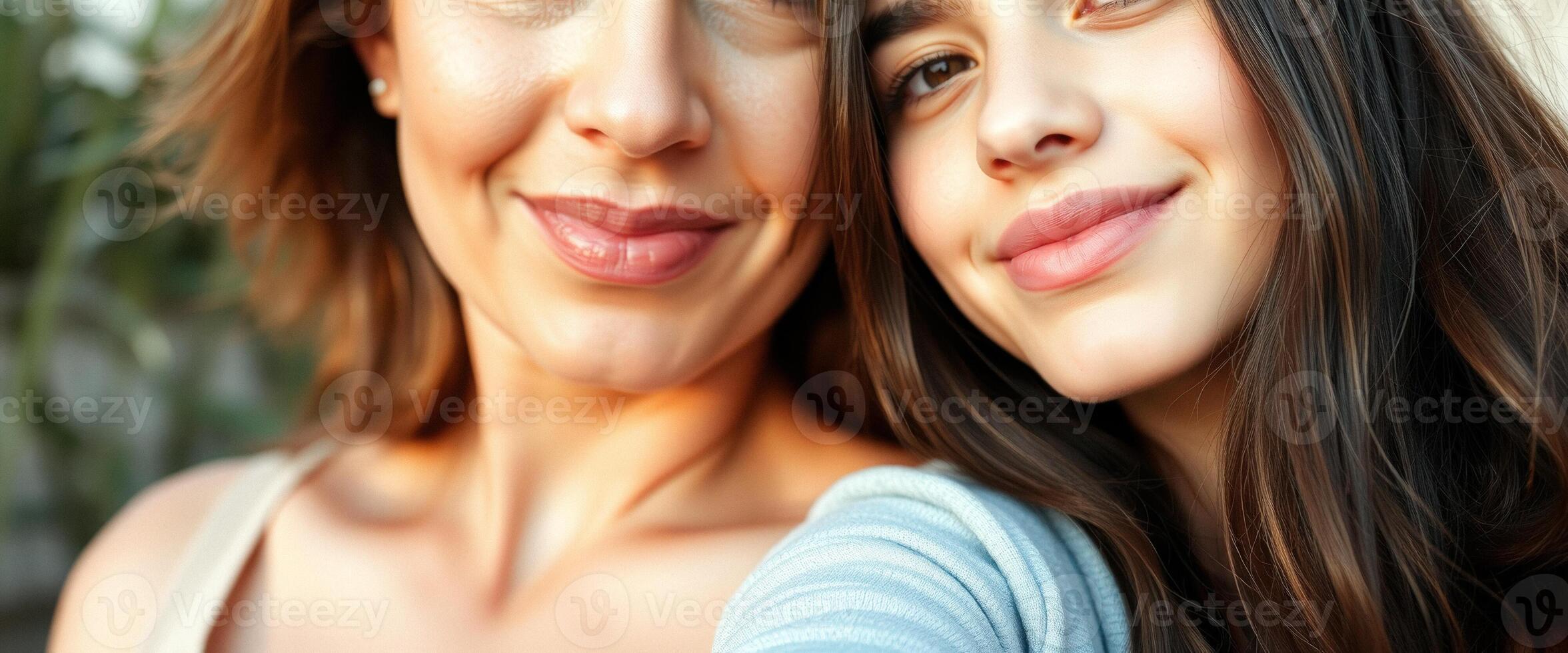 Close up portrait of two happy women smiling and looking at the camera photo