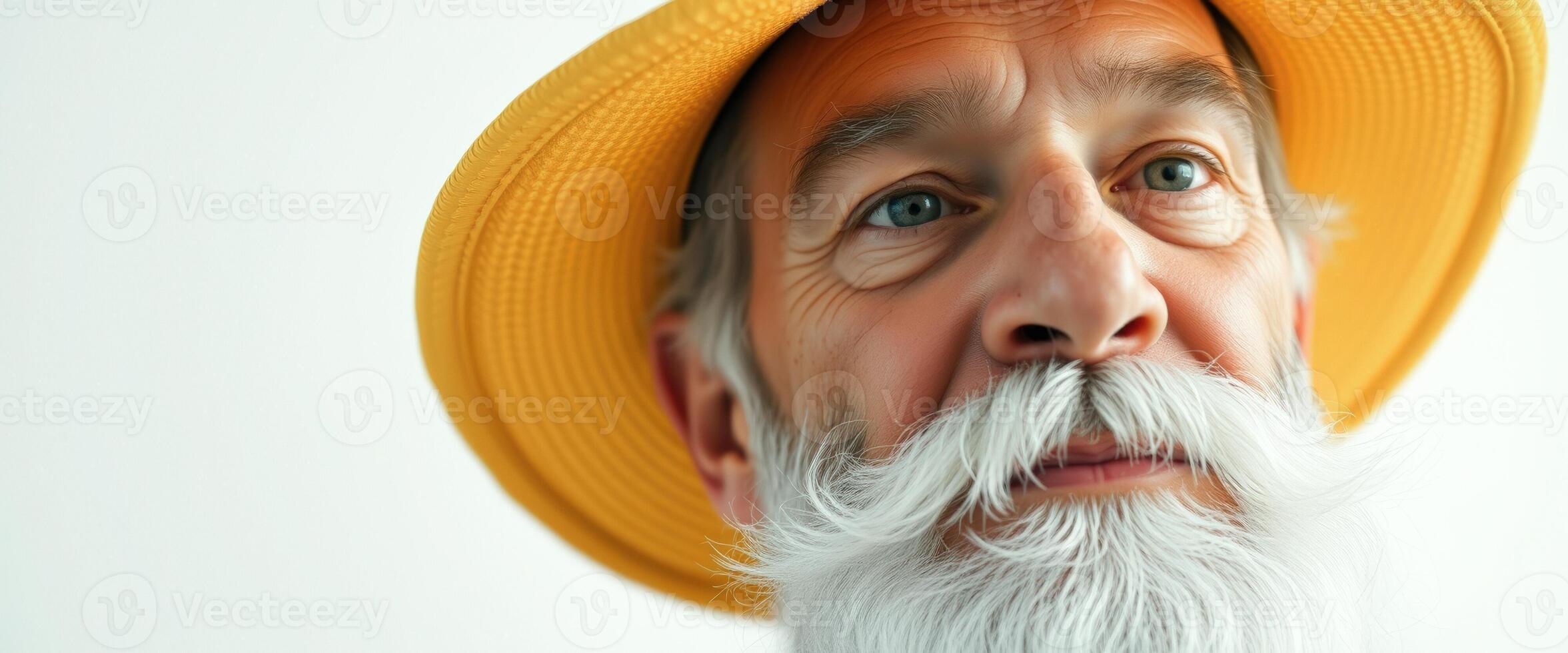 Close-up of a Senior Man with a White Beard and Mustache Wearing a Yellow Hat photo