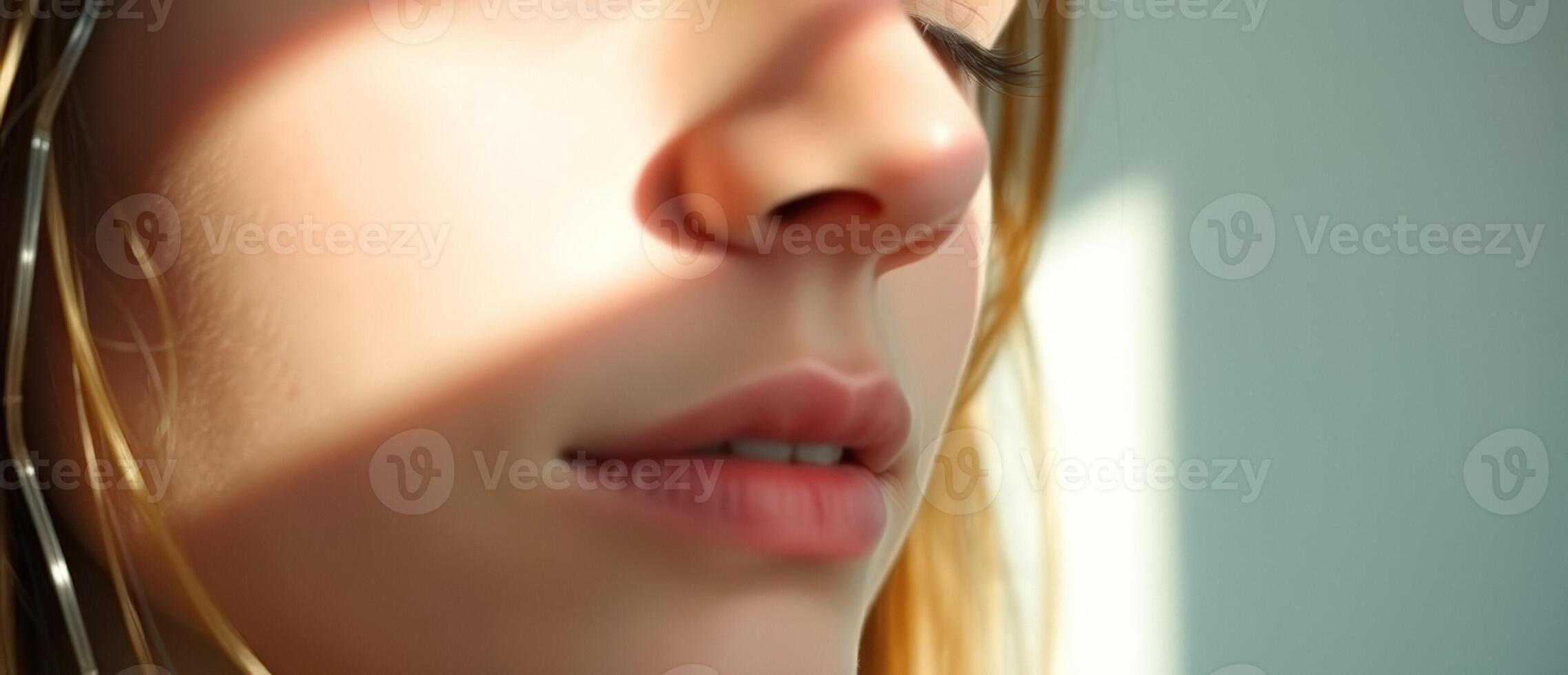 Close-up of a woman's face with sunlit skin photo