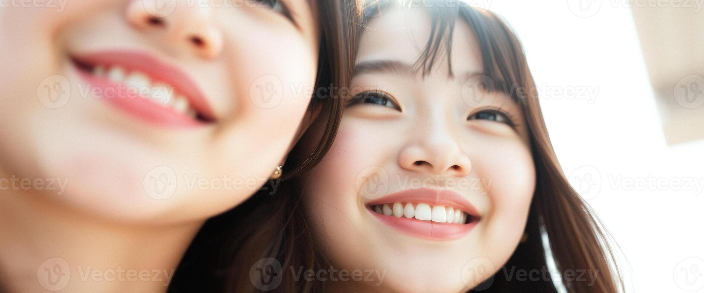 Close-up of Two Women Smiling and Looking Up photo