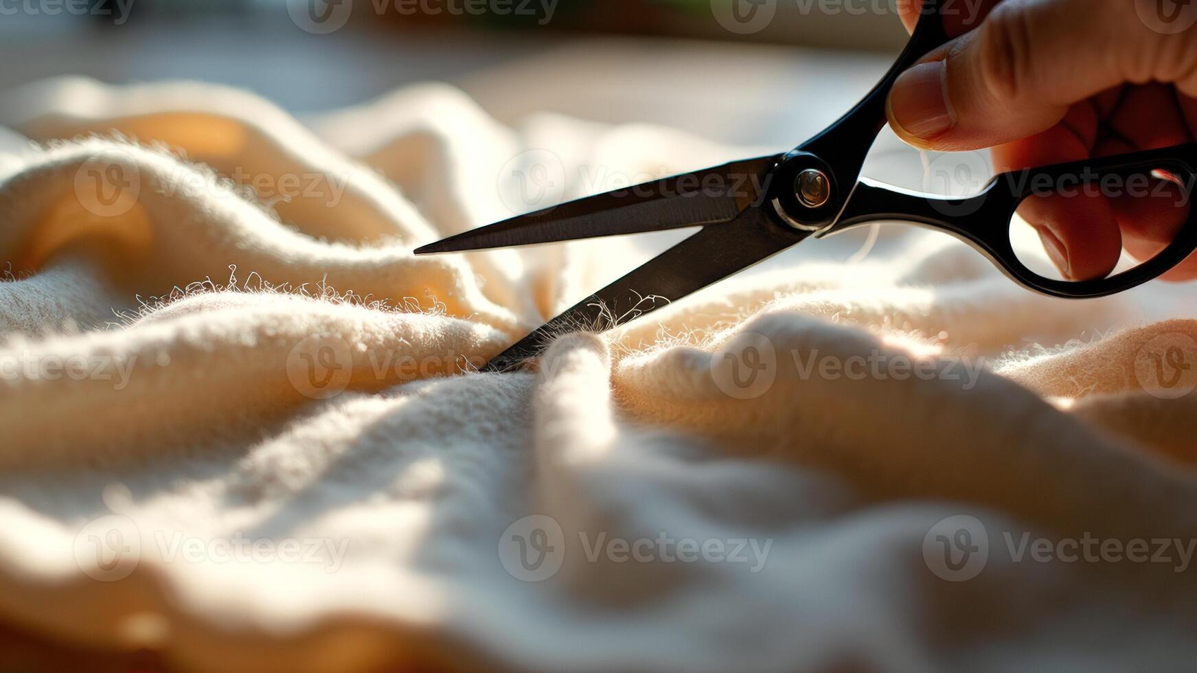 Close up of scissors cutting a piece of fabric photo