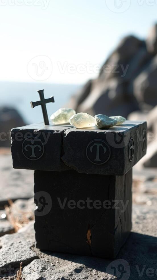 Stone Altar with Cross and Green Stones photo