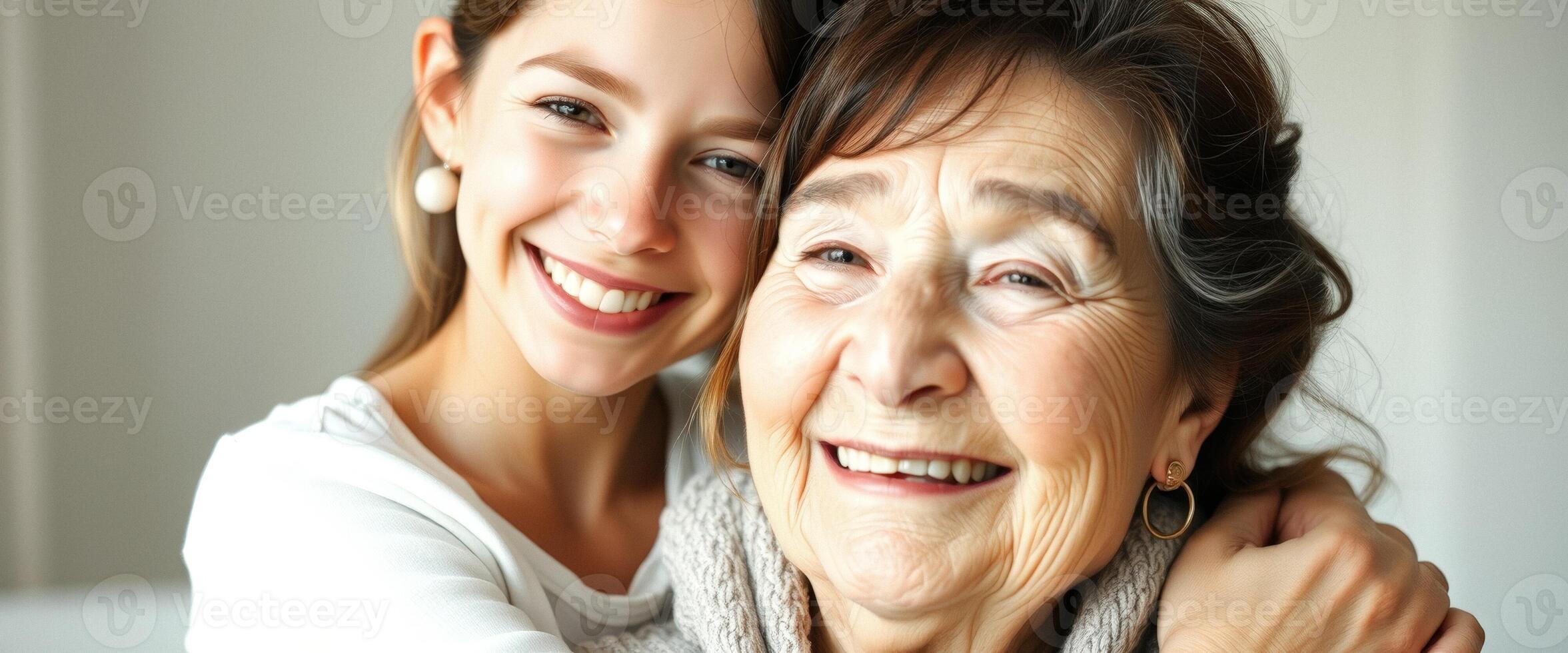 Young woman hugging her grandmother and smiling photo