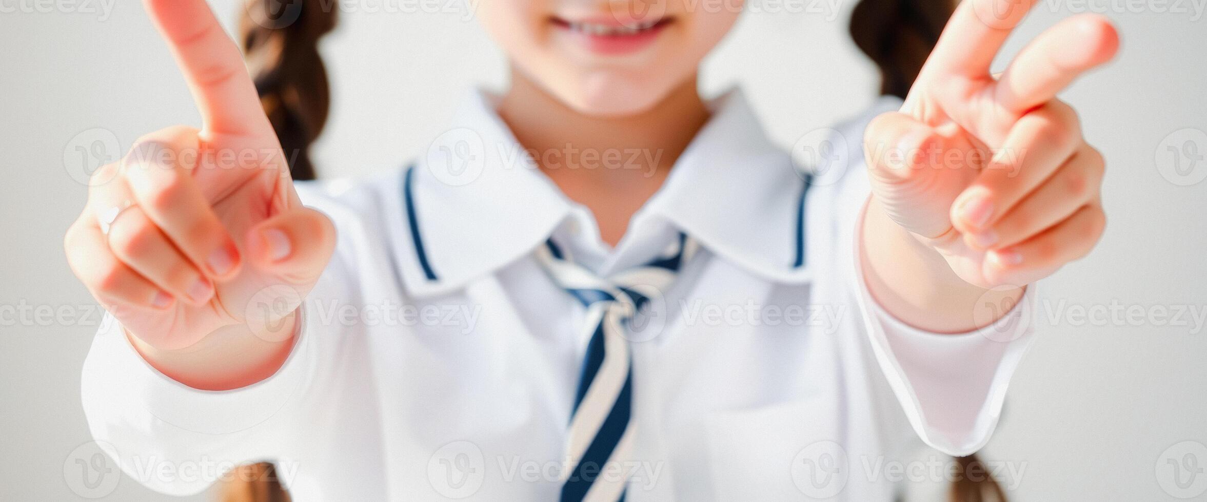 contento joven niña en un blanco colegio uniforme con un azul y blanco a rayas Corbata demostración paz señales foto