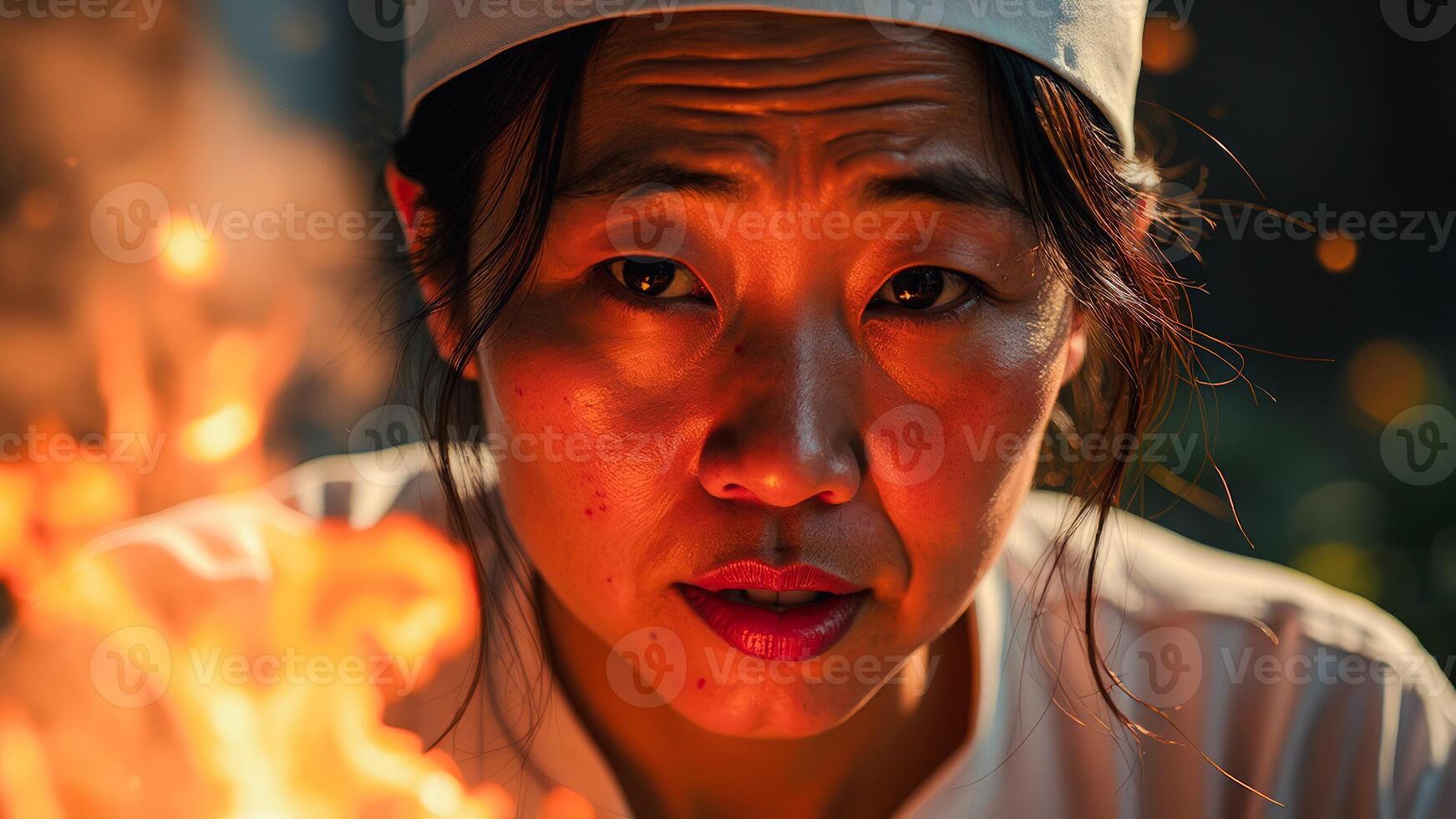 Close up of a woman's face in front of a fire photo