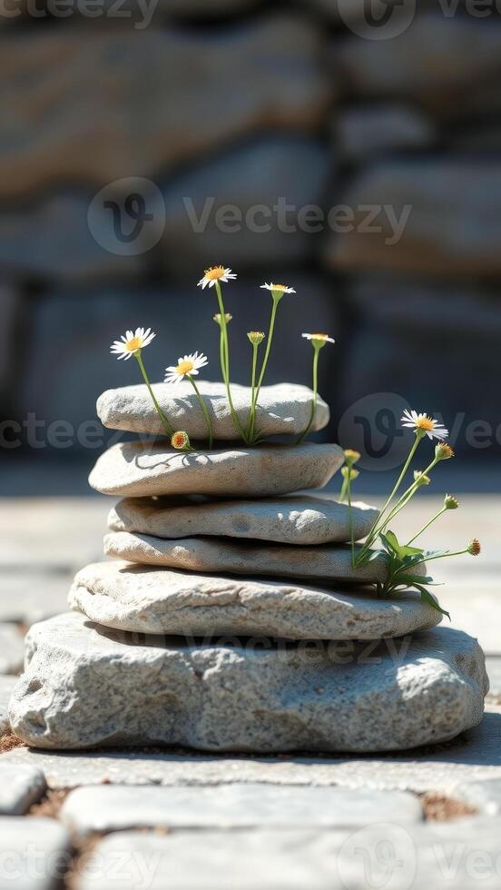 White Daisies Growing Out of a Stack of Rocks photo