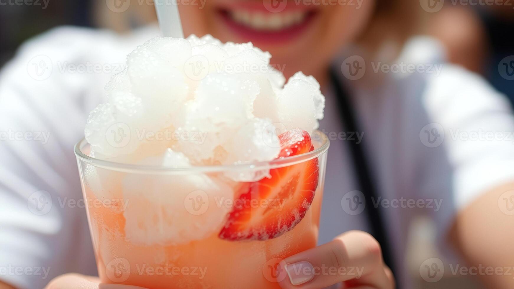 Close up of a woman holding a glass of pink drink with ice and a strawberry garnish photo