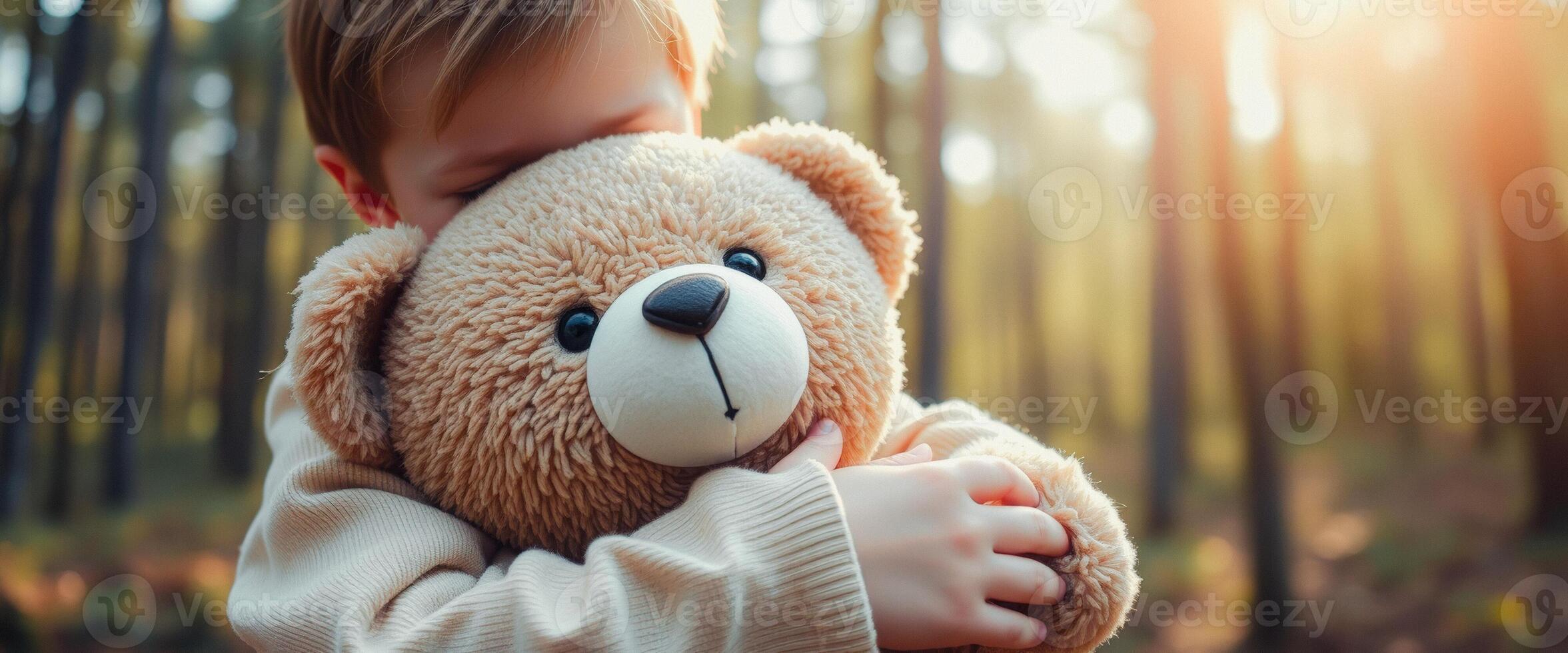 Child Hugging Teddy Bear in Forest photo