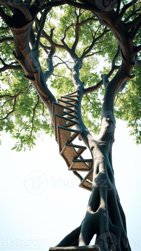 Wooden Staircase Winding Up a Tree Trunk photo