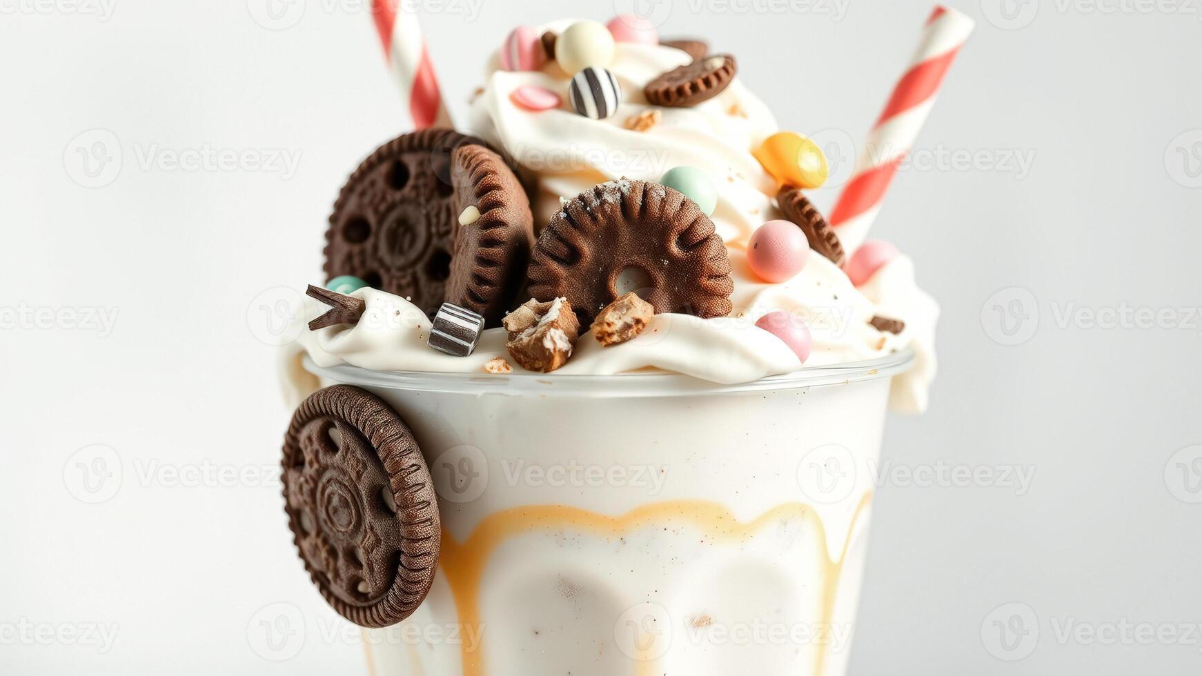 Closeup of Delicious Milkshake Topped with Whipped Cream, Cookies and Colorful Candy photo