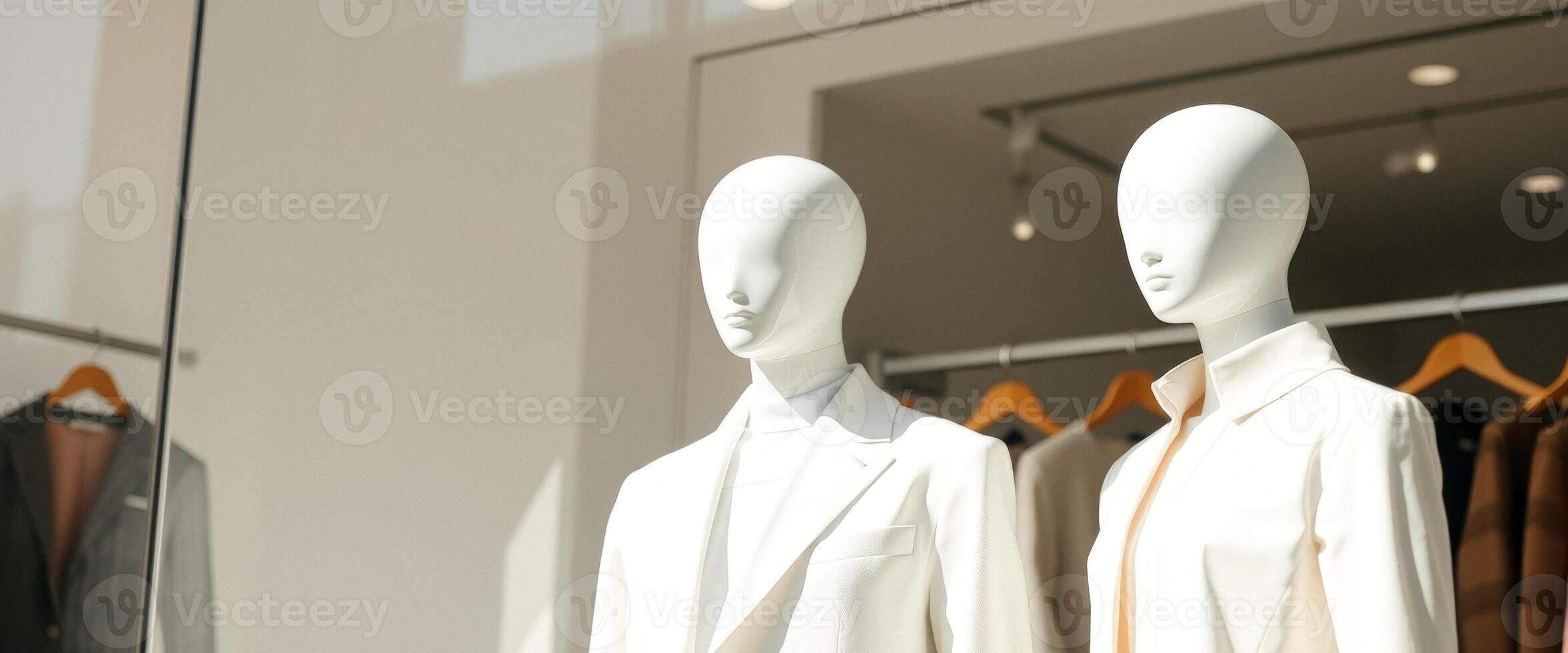 Mannequins Dressed in White Jackets in a Store Window photo