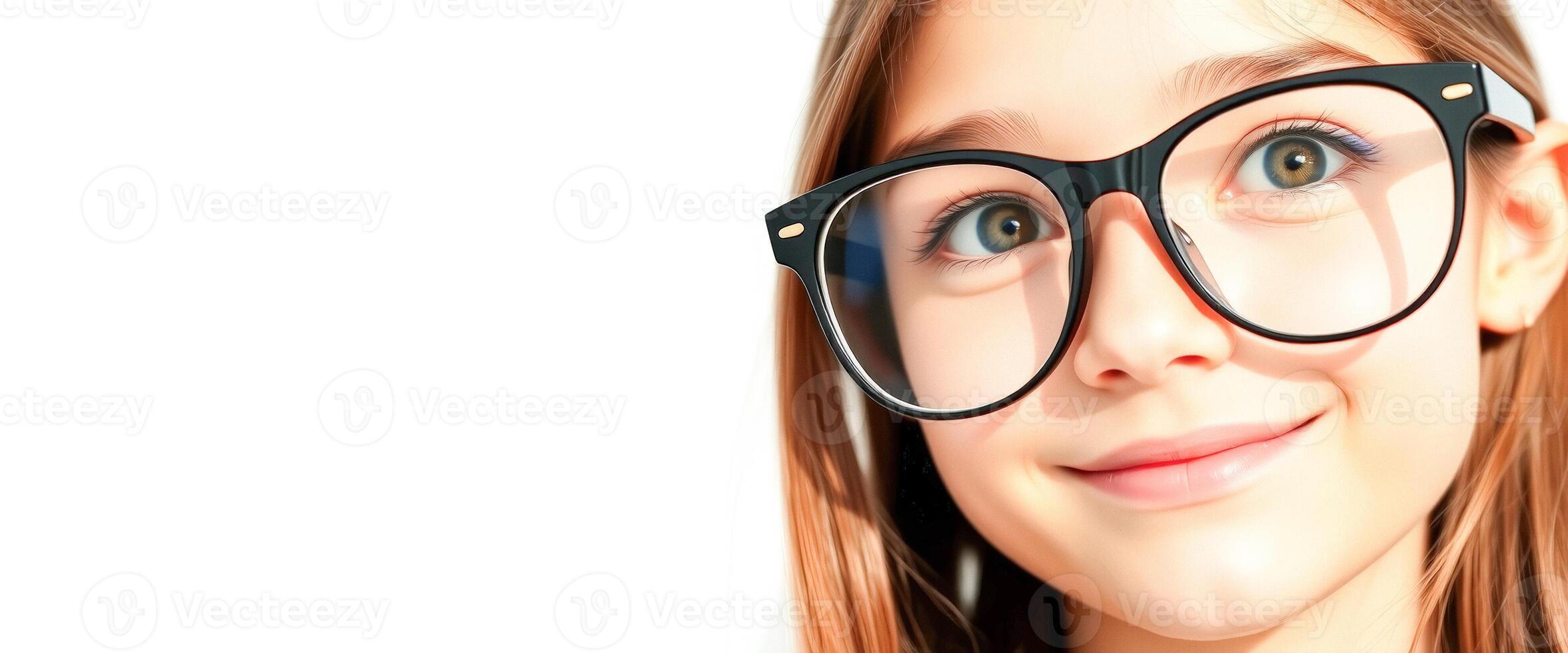 Young girl wearing glasses looking off to the side photo
