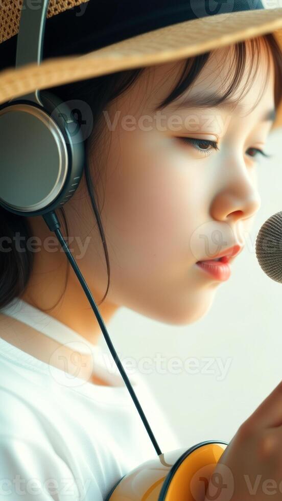 Young girl singing into a microphone photo