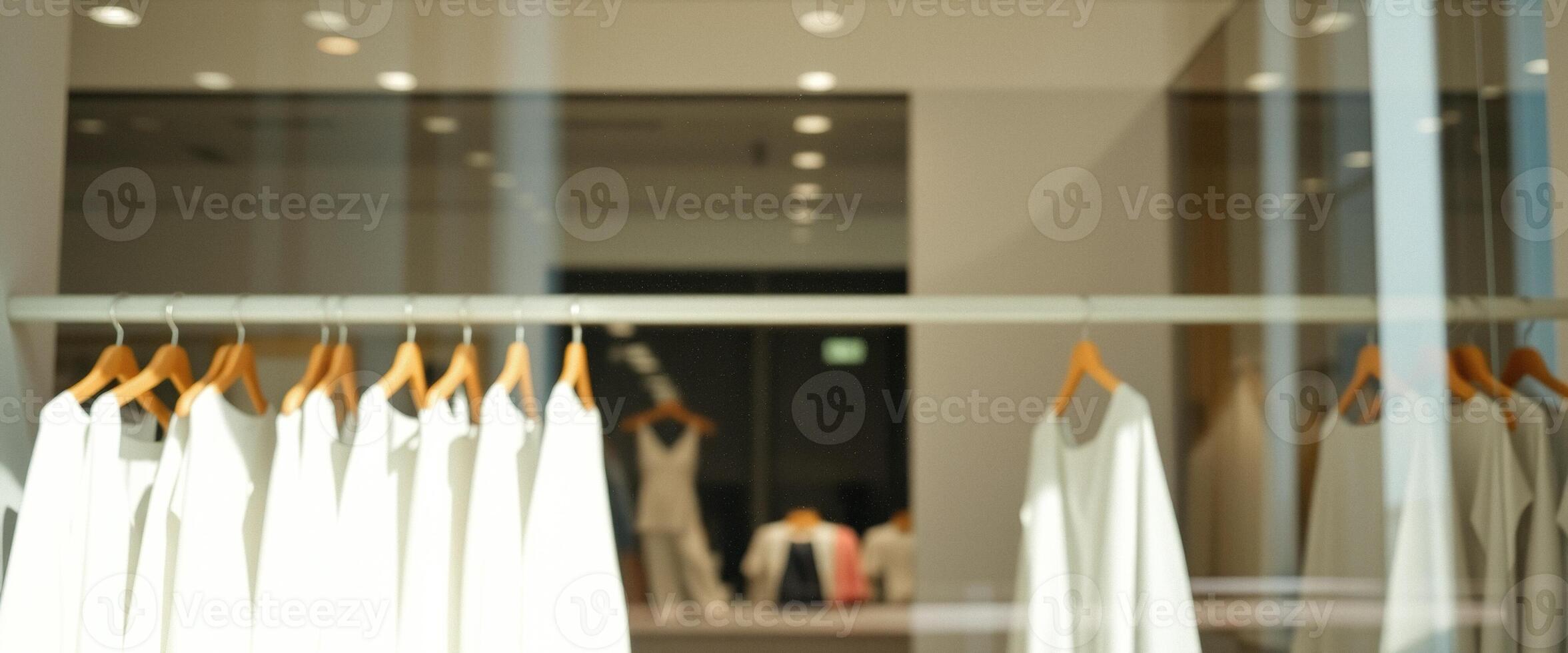 Blurred view of white clothes hanging on hangers in a clothing store photo