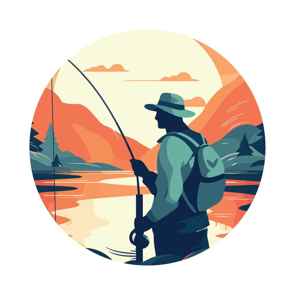 A man with a hat and fishing rod is standing in front of a lake vector