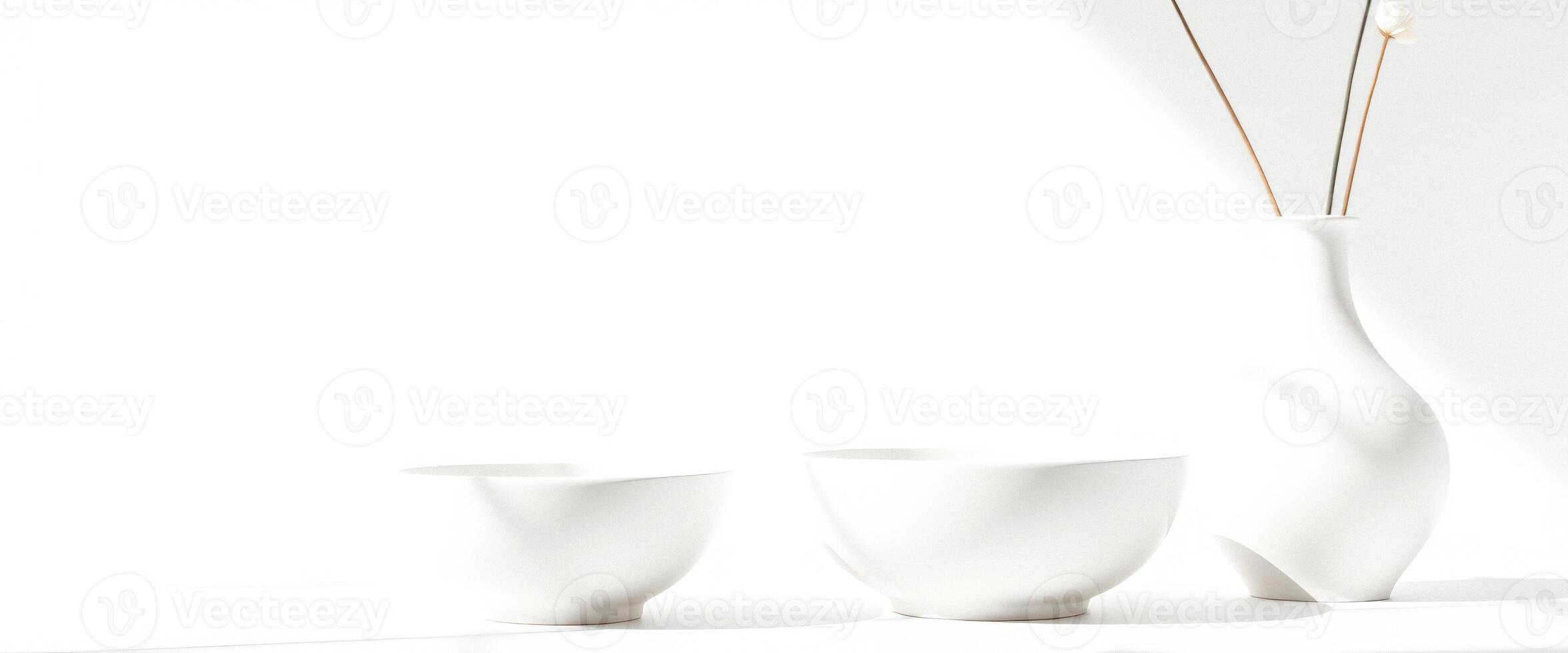 Minimalist White Still Life with Bowls and Vase photo