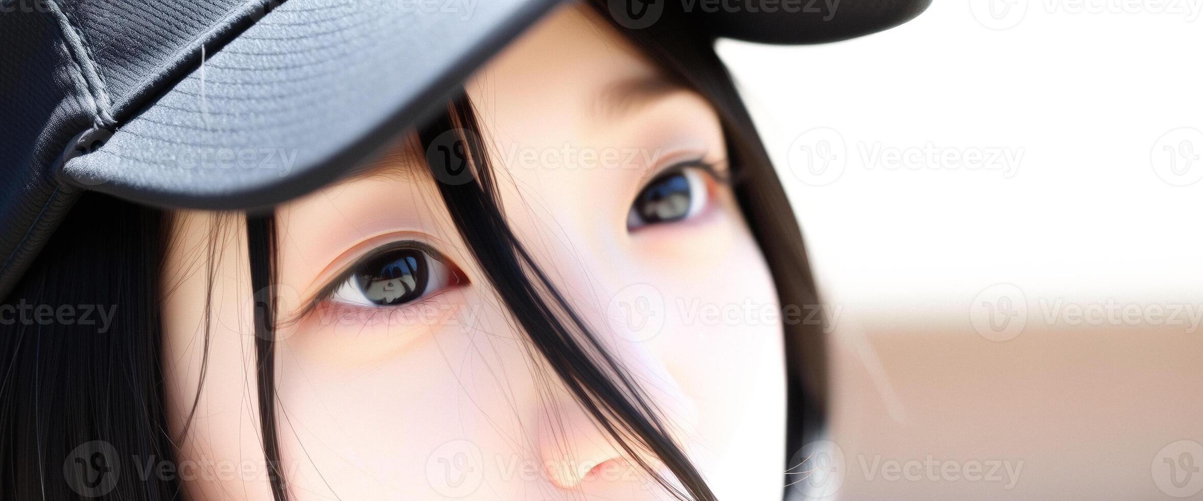 Close-up of a young woman's eye, with a black baseball cap photo