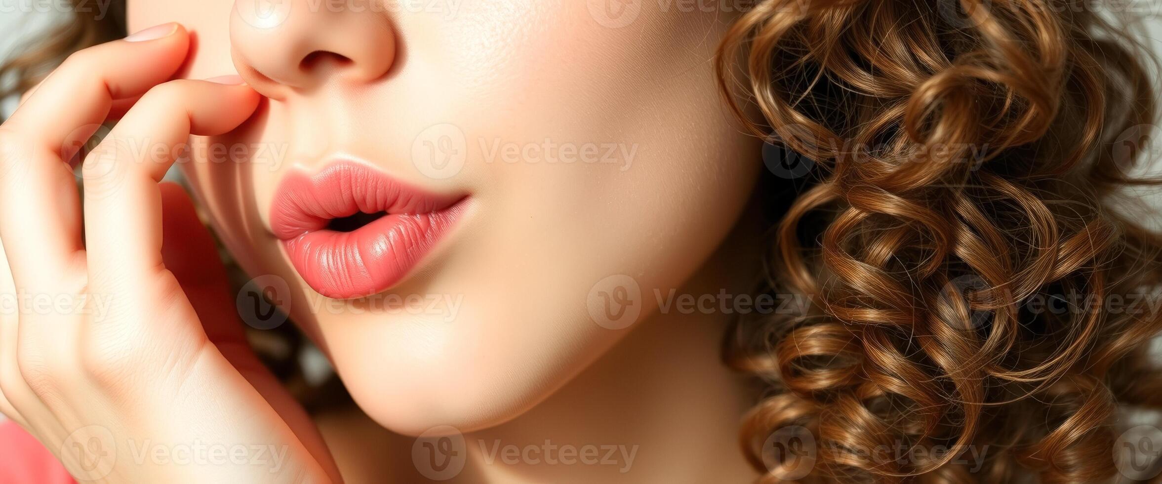 Close-up of a woman's lips and hand photo