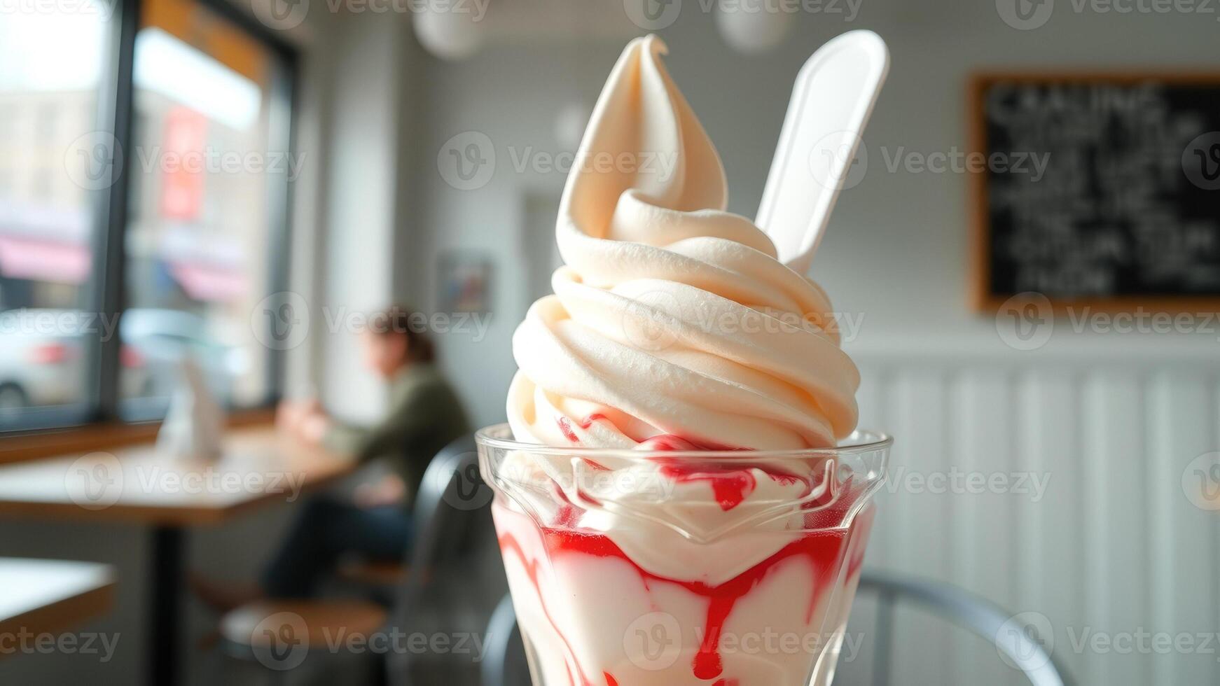 Closeup of a Vanilla Soft Serve Ice Cream Sundae with Red Syrup photo