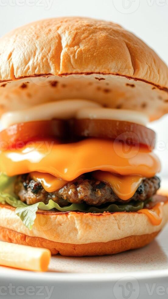 Closeup of a Delicious Cheeseburger with Melted Cheese photo