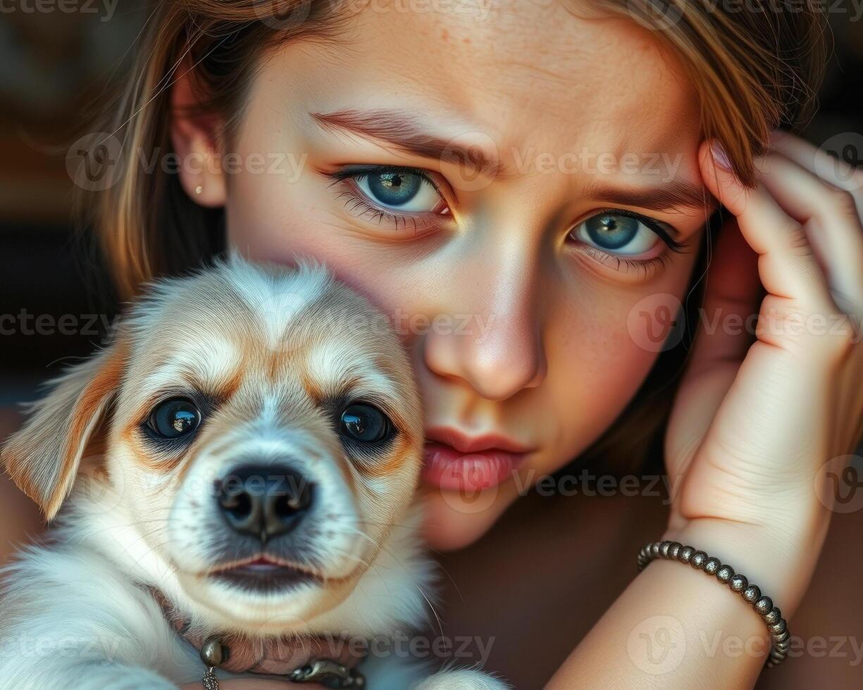 Portrait of a young girl with her puppy photo
